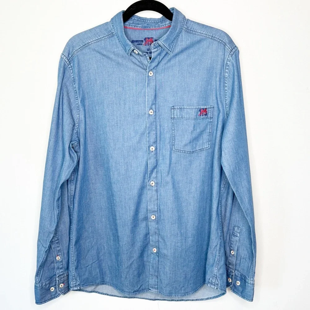 Johnston & Murphy Mens Medium Blue Chambray Stretch Button Down Long Sleeve
